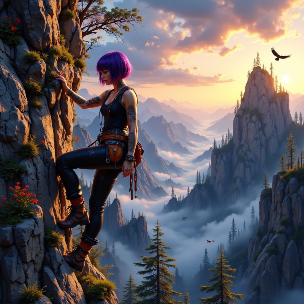 Free Climber Woman on Cliff at Sunrise