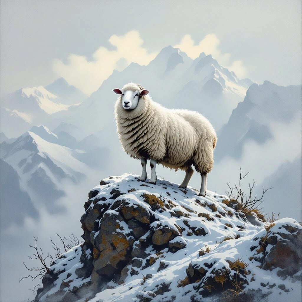 Sheep on Snowy Welsh Peak in Romantic Style