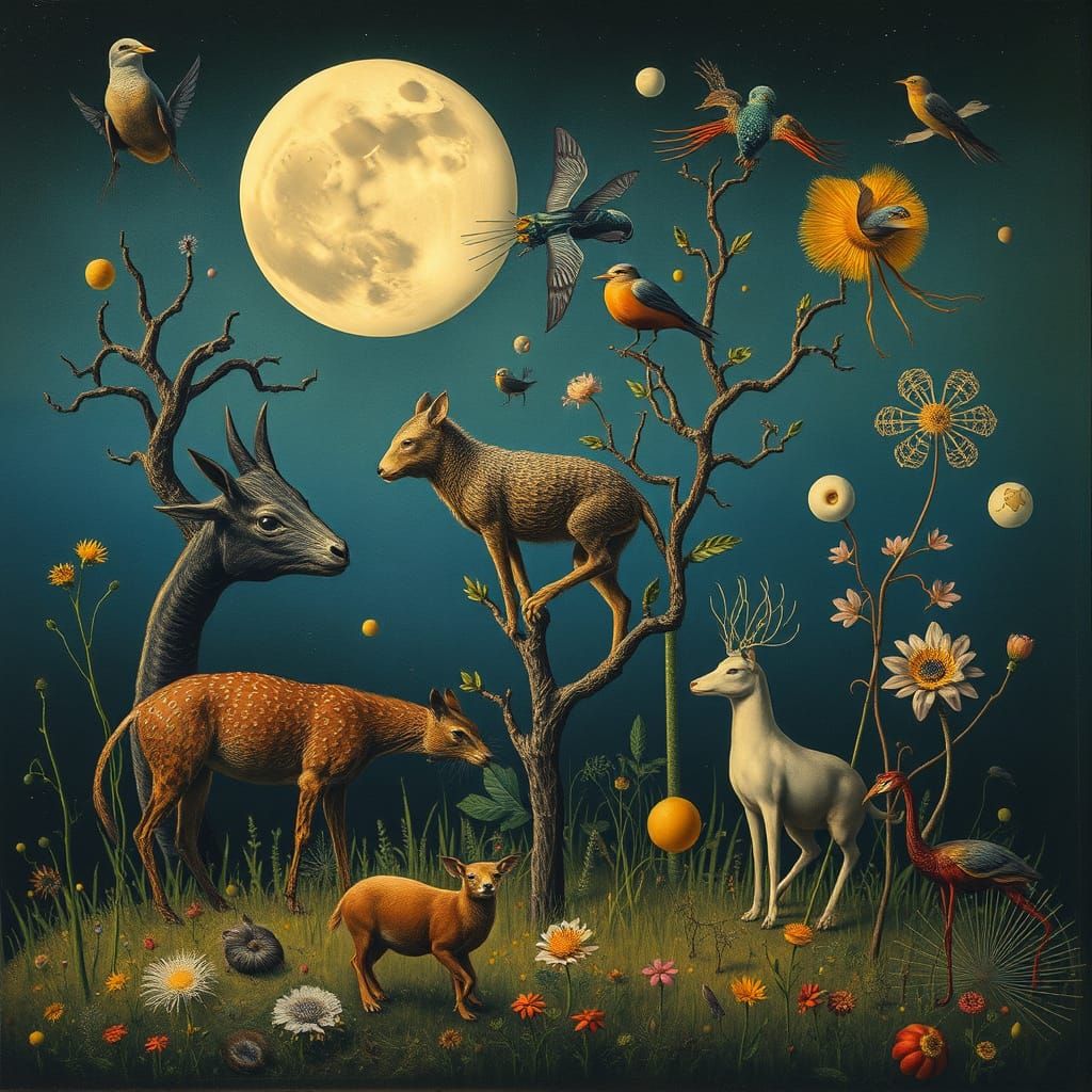 Surrealist Composition of Fantastic Animals and Plants