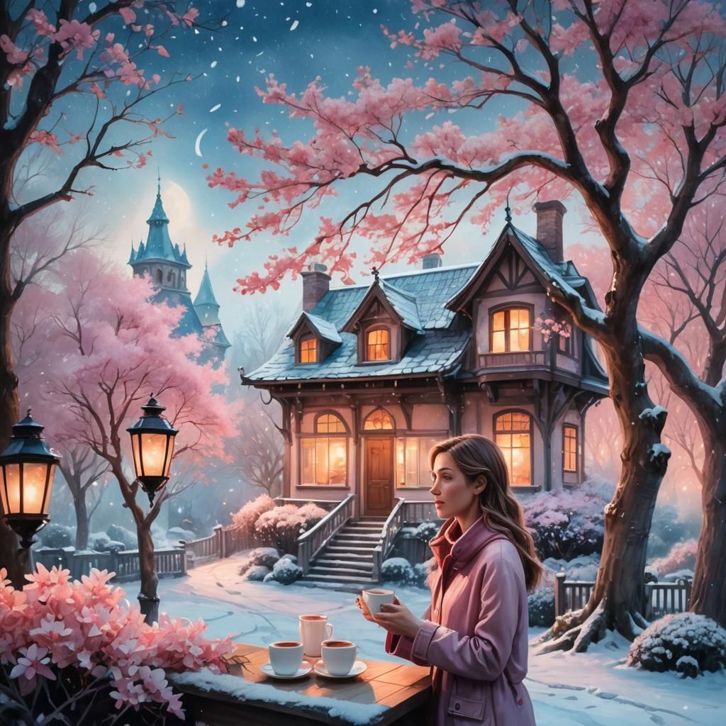 Whimsical Winter Scene with Girl Enjoying Coffee