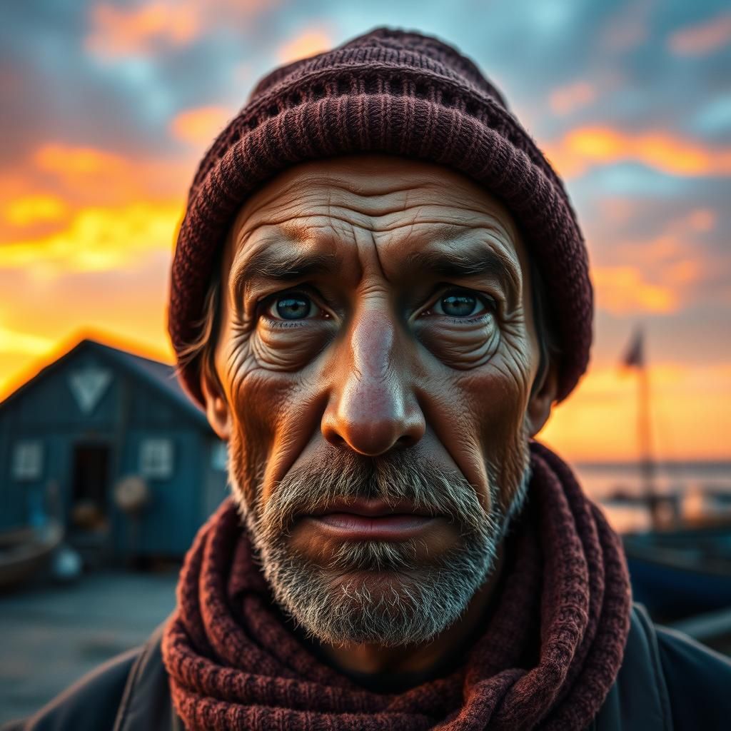 Fisherman's Face in Digital Art at Sunset