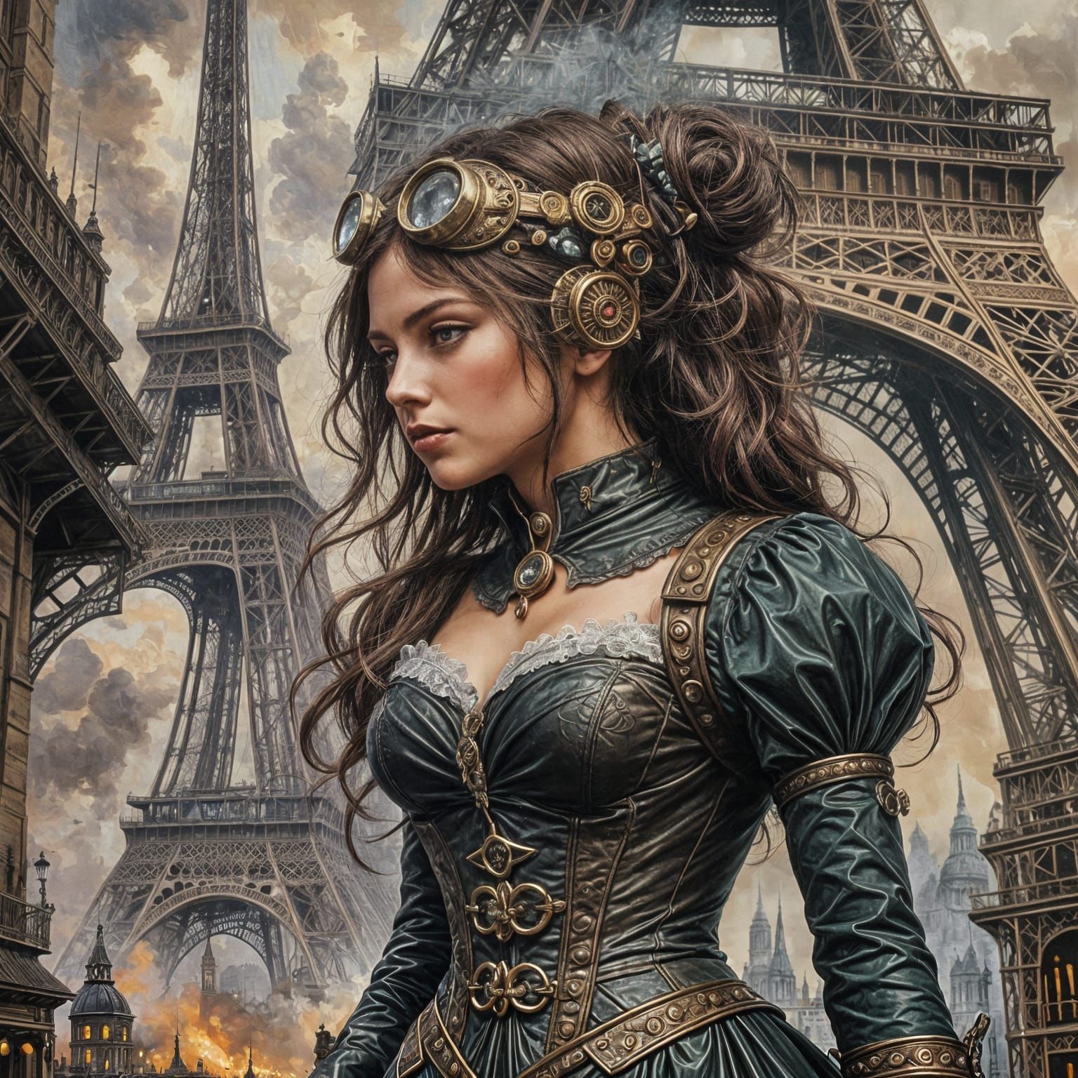 Steampunk Paris at Midnight in Van Gogh Style