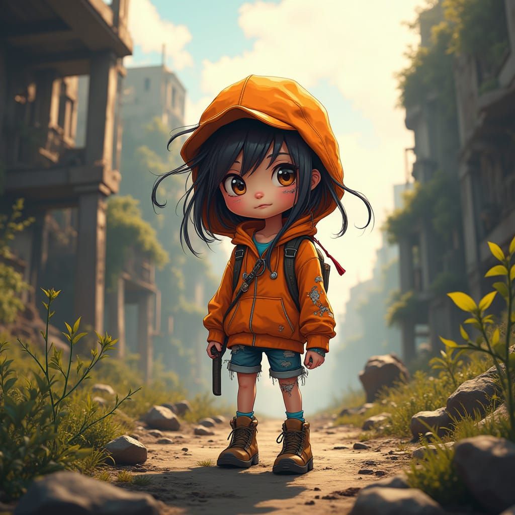 Chibi Post-Apocalyptic Girl in Golden Ruins