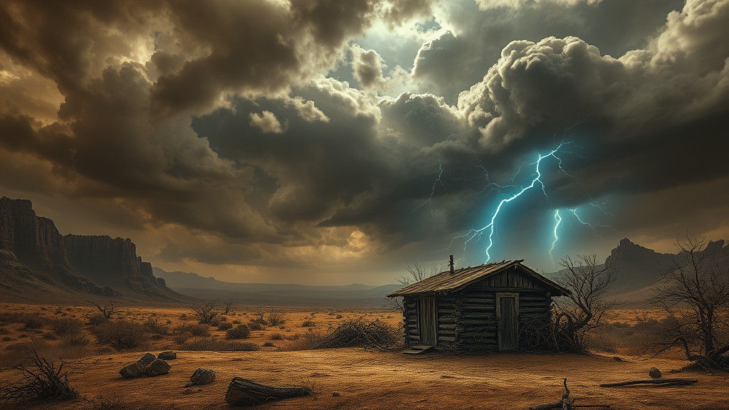 Ominous Shack in Wasteland Under Stormy Sky