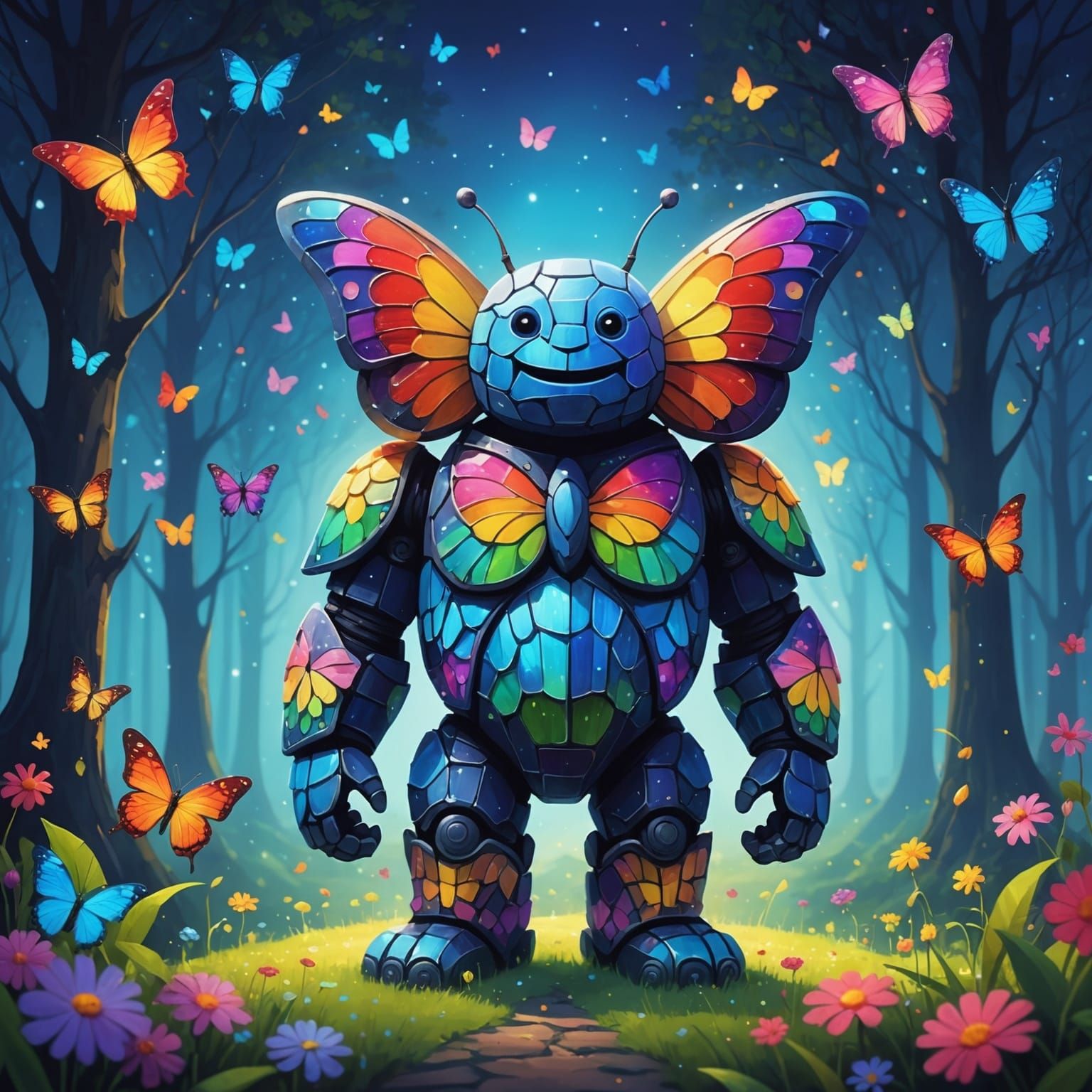 Rainbow Butterfly Golem in Blue Moonlight