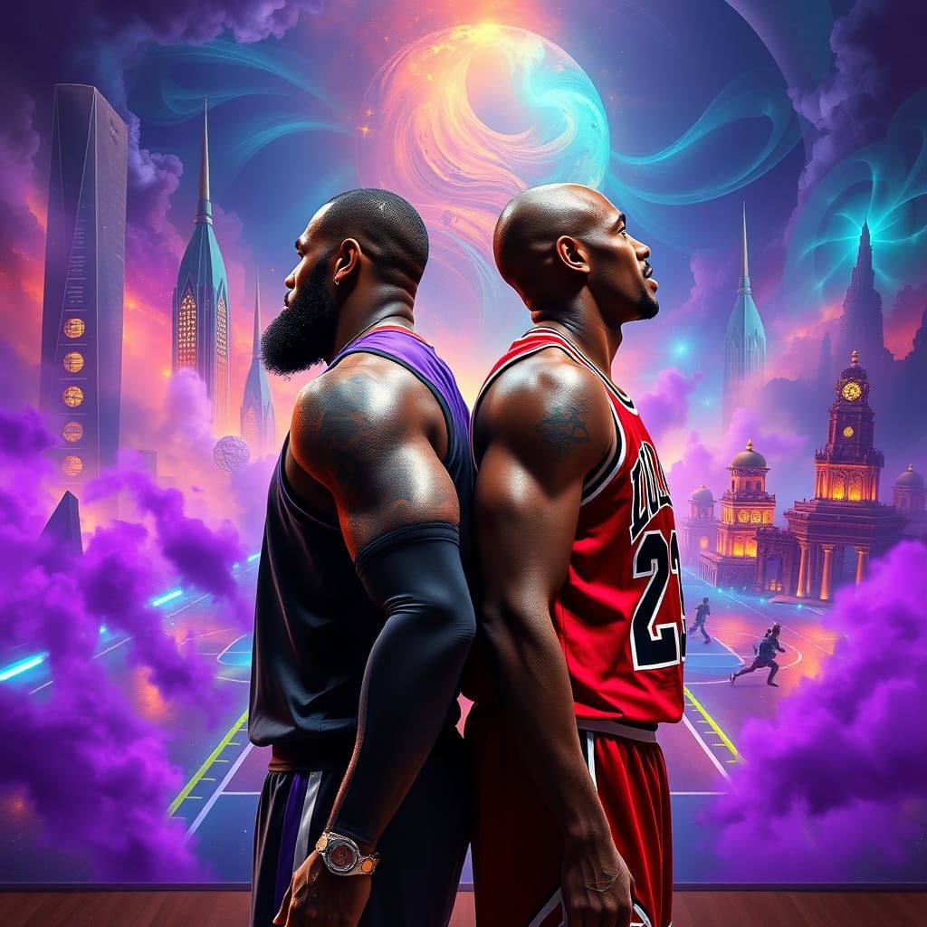 Lebron and Michael Jordan in a Dreamlike Basketball Arena