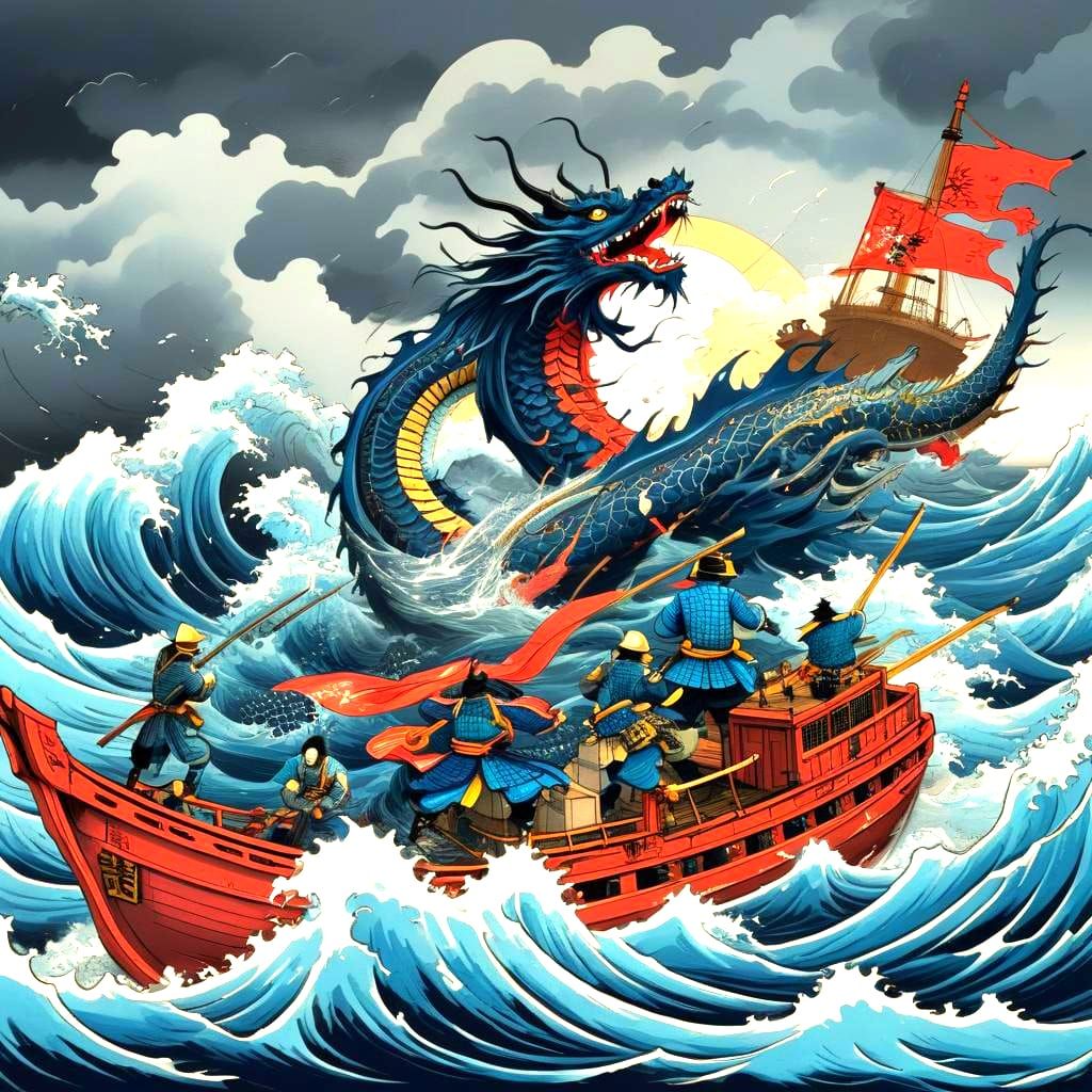 Samurai vs. Sea Dragon: Ukiyo-e Woodblock Print