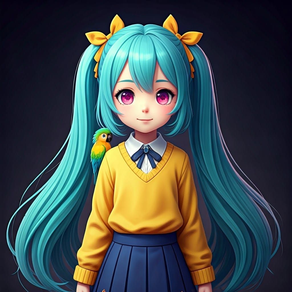 Cute Anime Witch with Parrot, 3D Render