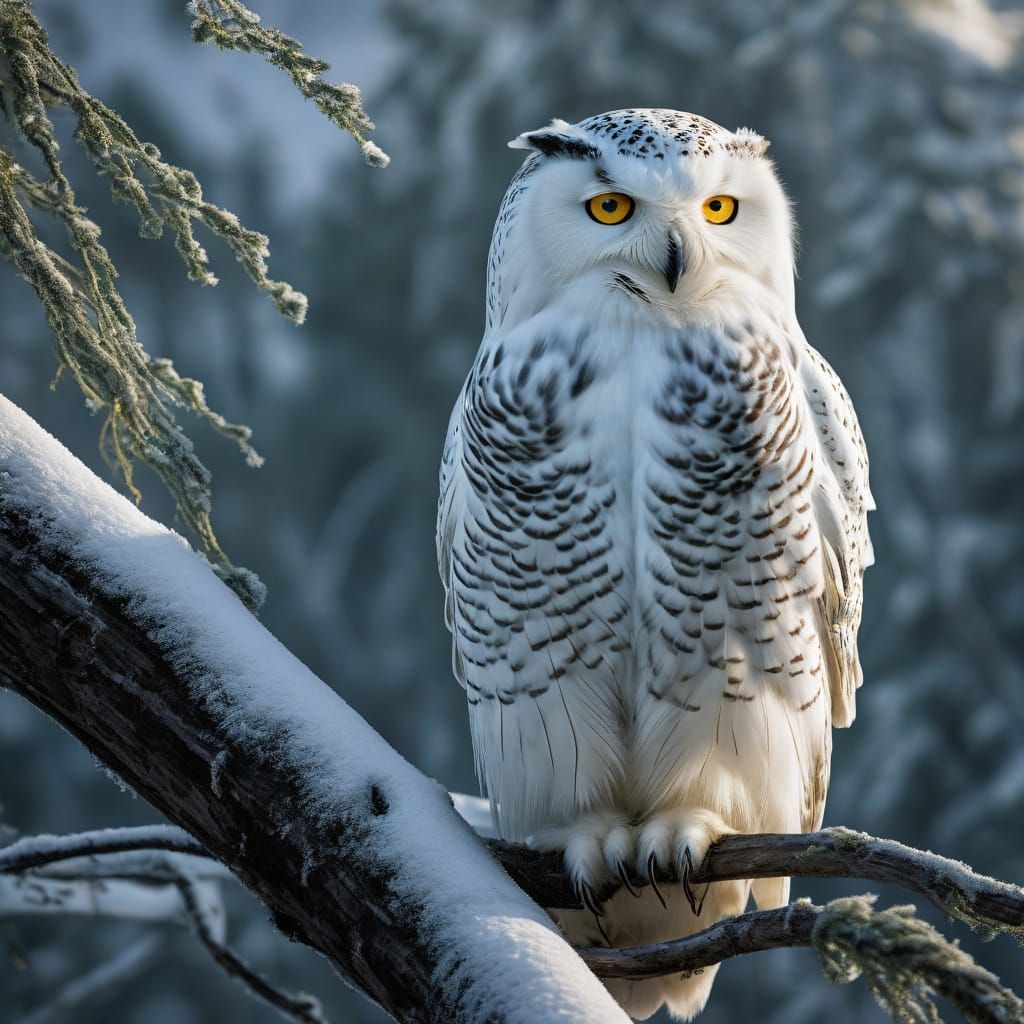 Majestic Snowy Owl Perched on Frosty Branch in Winter Landsc...