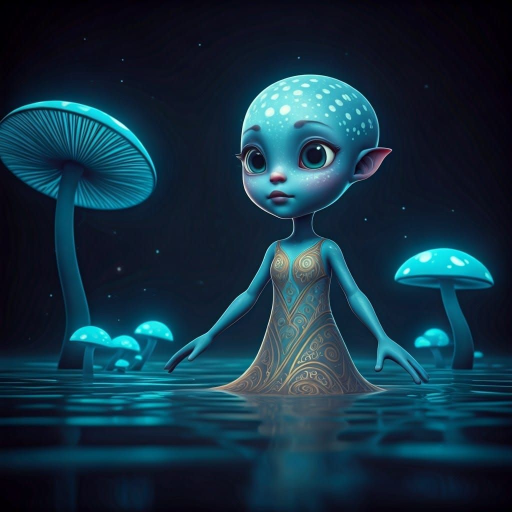 Iridescent Alien Girl in a Bioluminescent Grotto