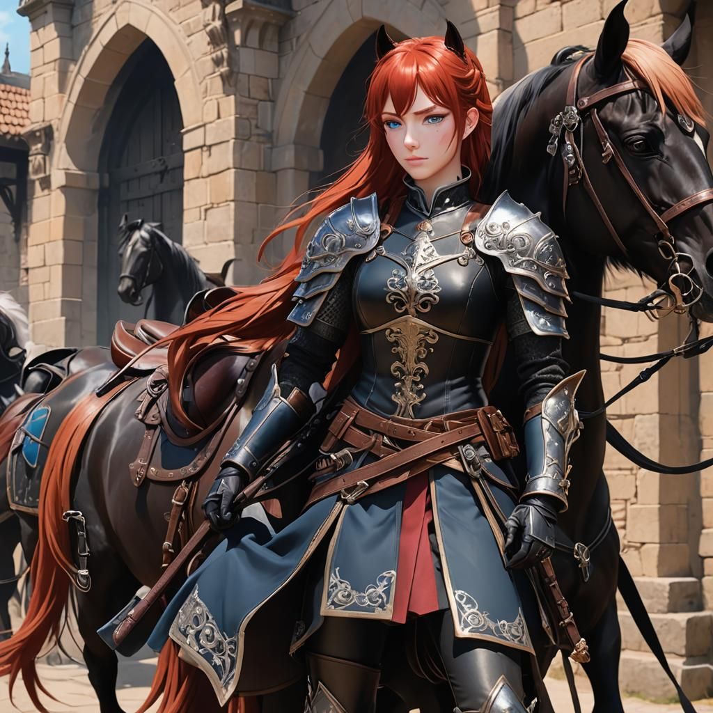 Elegant Warrior Stands Beside Majestic Black Steed in Mediev...