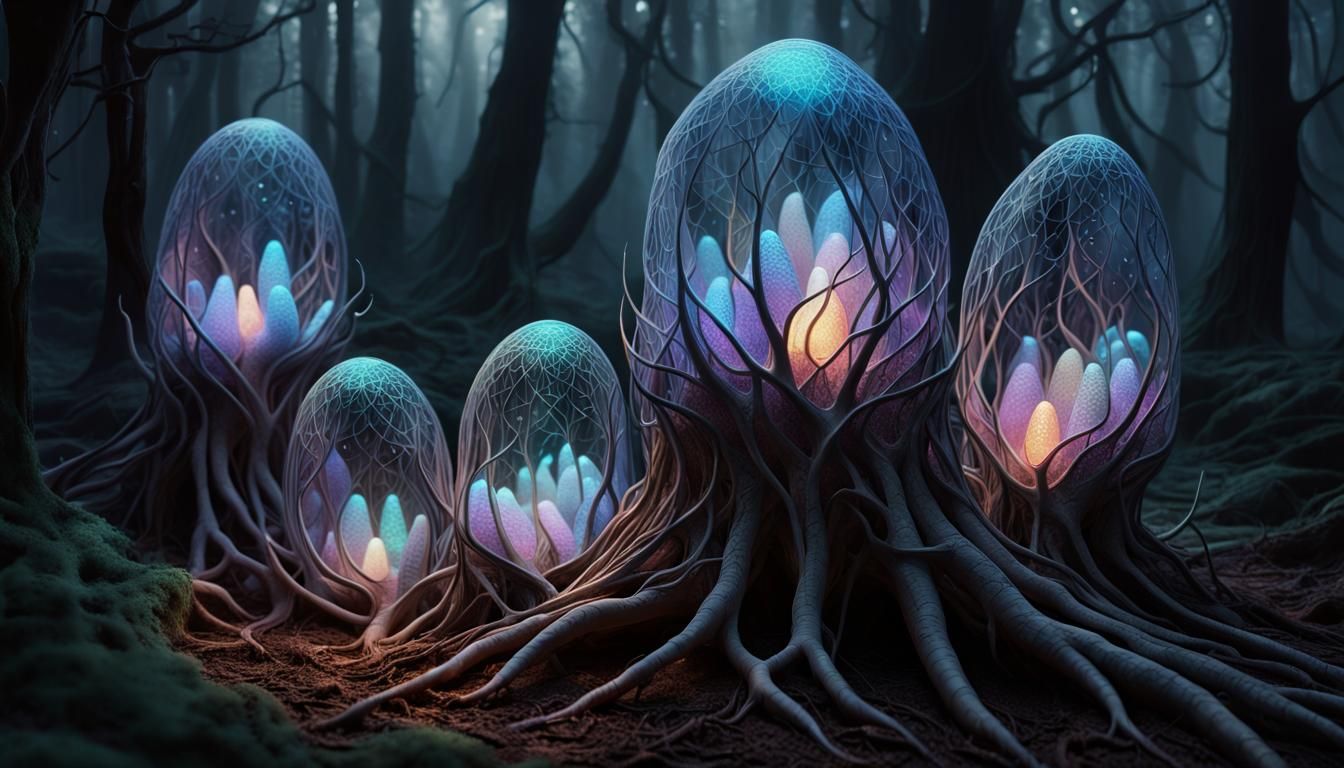 Glowing Cocoons in Mystical Dark Forest