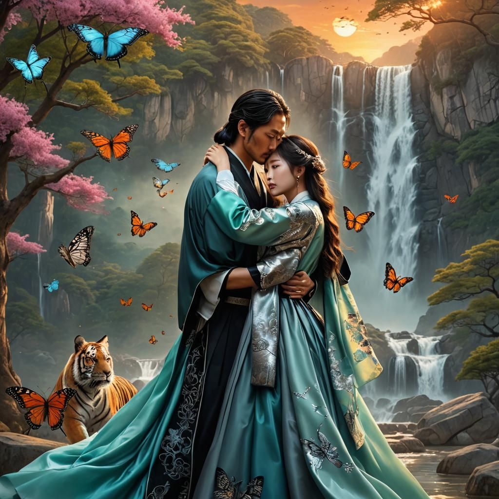 Korean Drama Couple Embracing at Sunset