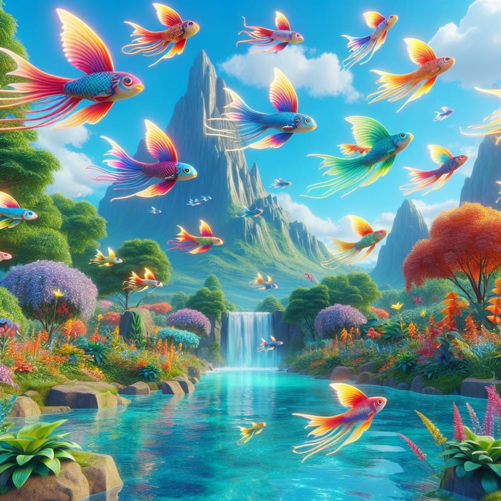Disney Pixar style 3D adorable and colorful flying fish, flying over a sparkling pond, in a beautiful wilderness backgro...