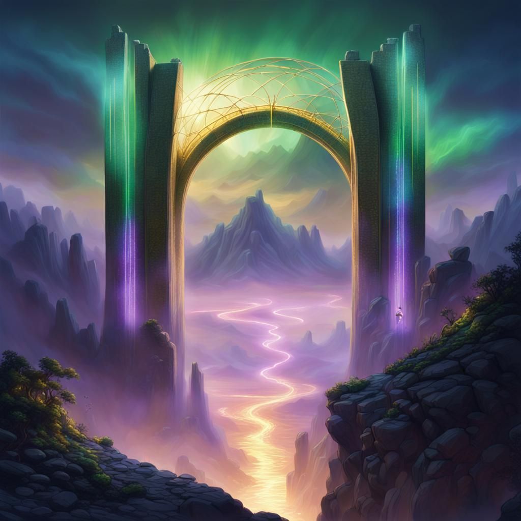 Mystical Portal to Shimmering City Lights, Fantasy Art