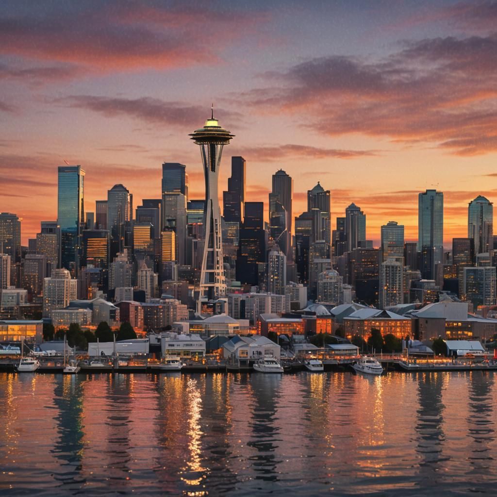 Seattle Skyline Sunset: Holographic Astral Illustration