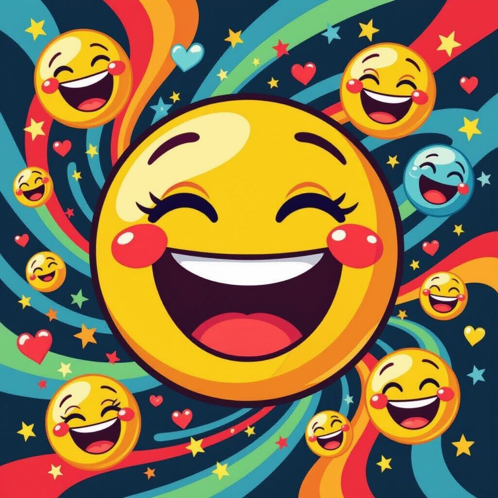 Laughing Emoji Surrounded by Swirling Emotions in Pop Art St...