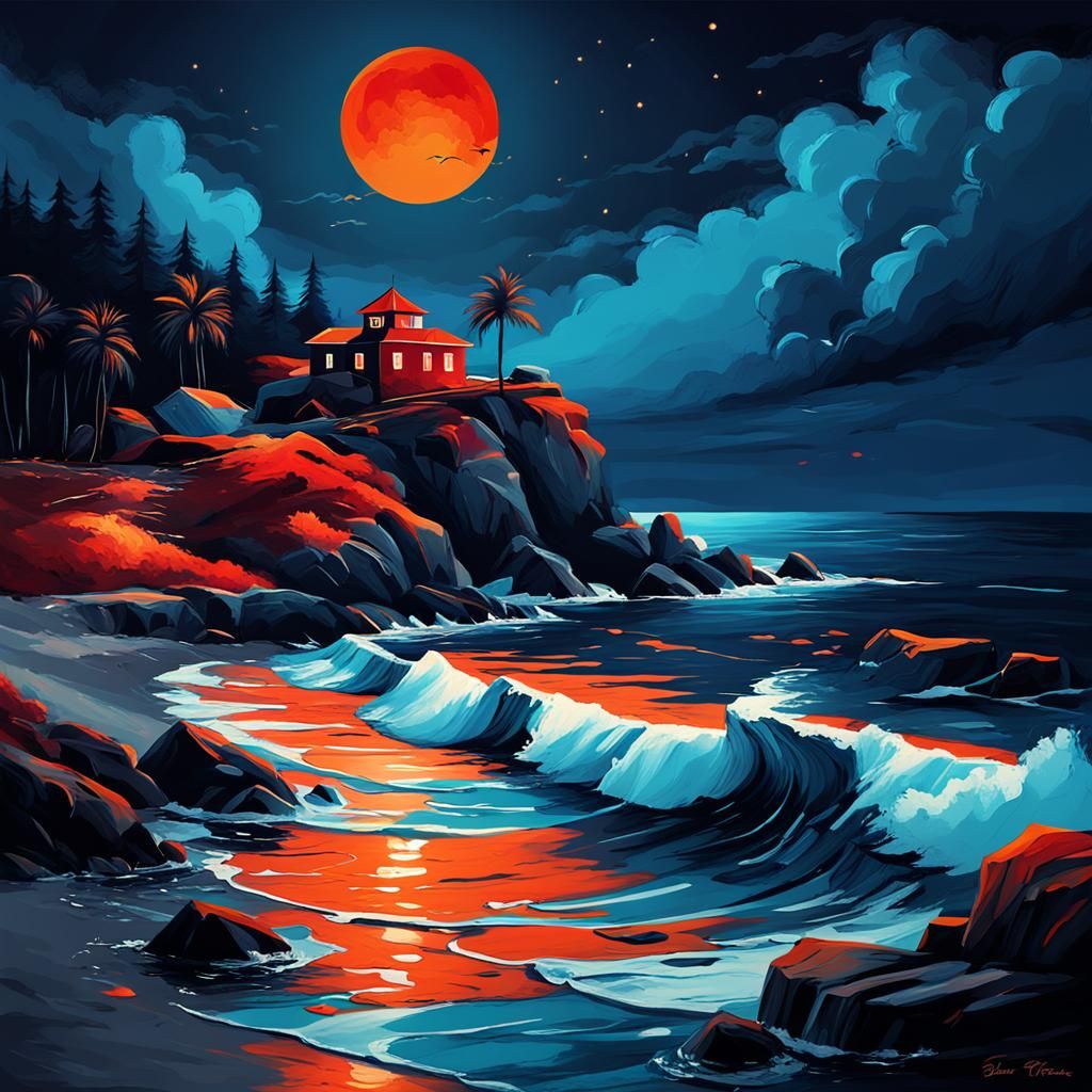 Dramatic Red and Orange Night Seascape