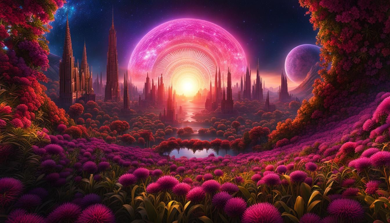 Gothic Solarpunk Landscape with Bioluminescent Fractal Flame...