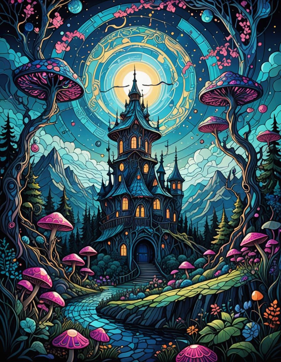 Surreal Landscape with Hypnotic Patterns and Glowing Colors