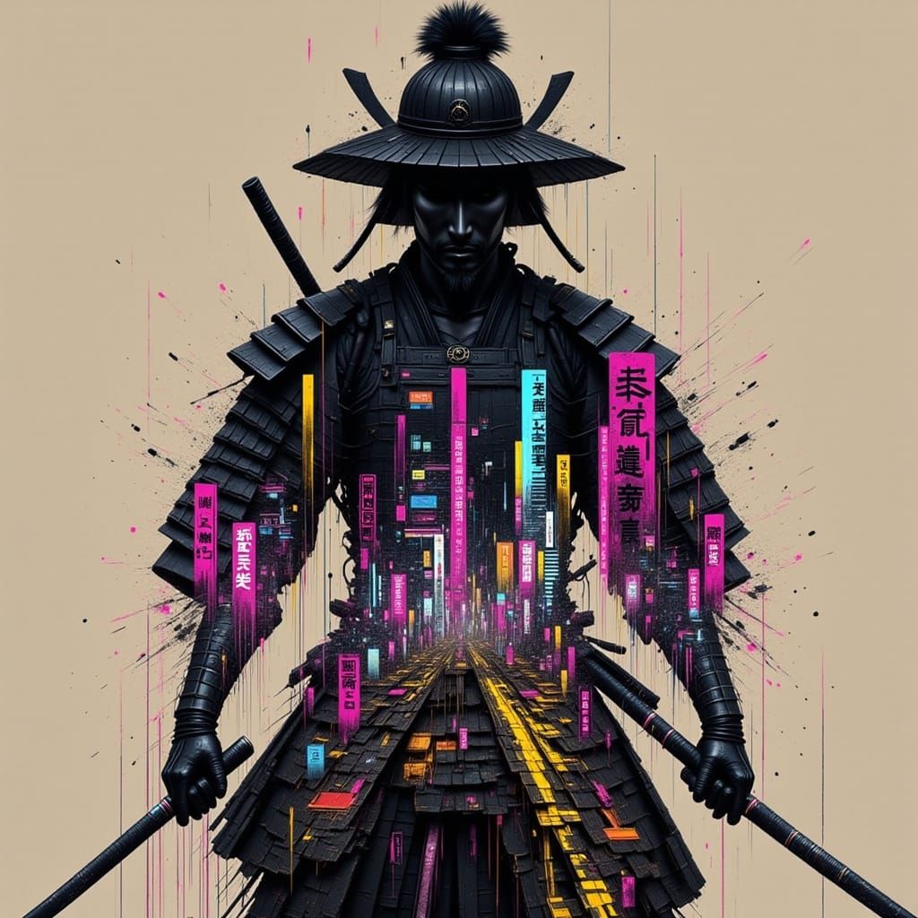 Samurai Double Exposure with Glitch Art and Tokyo Cityscape