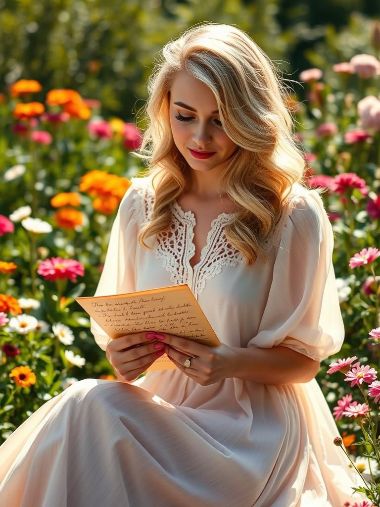 Woman Receives Love Letters in Sun-Drenched Garden