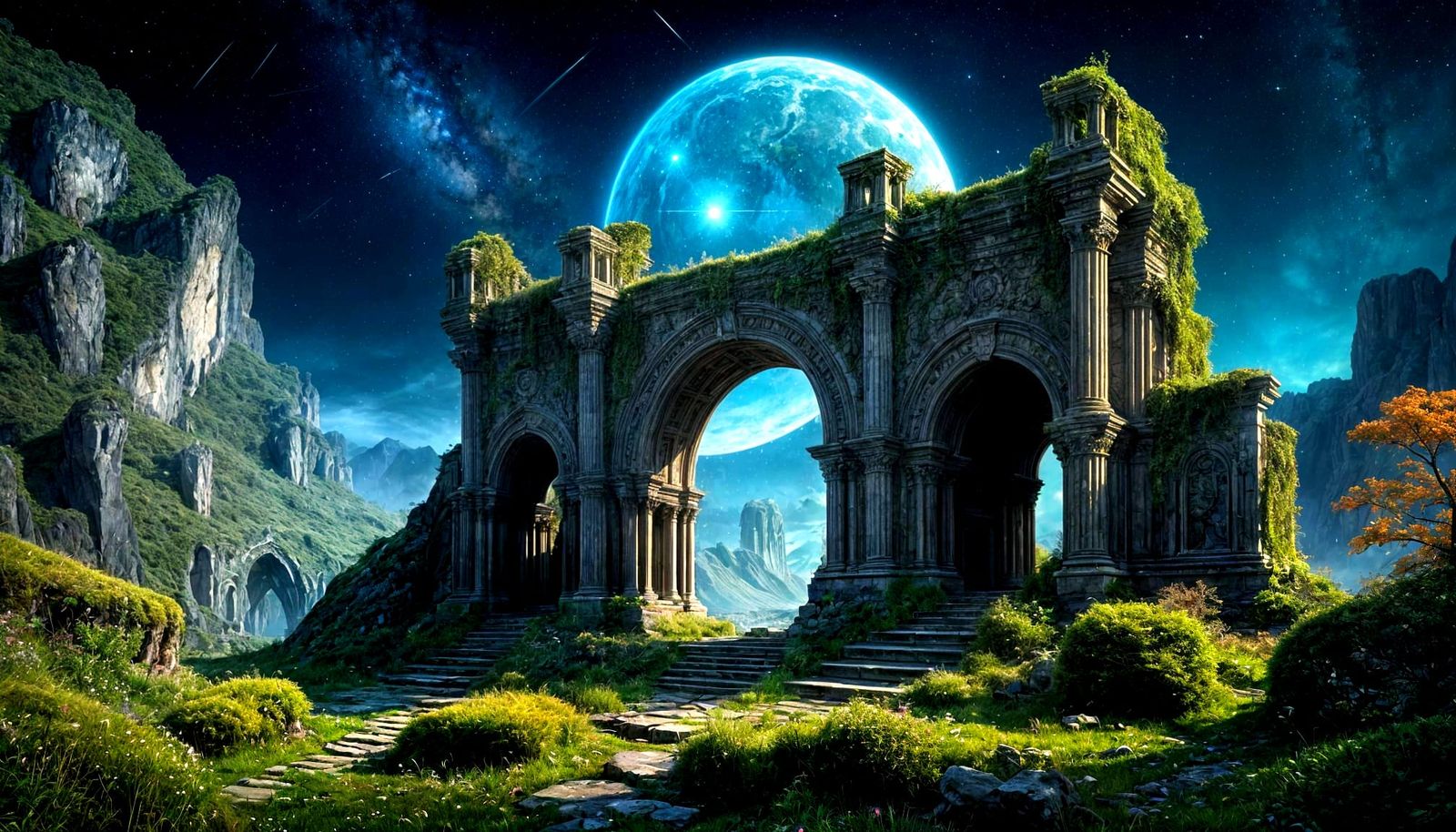 Nebula Over Ancient Elven Ruins: Cosmic Surrealism