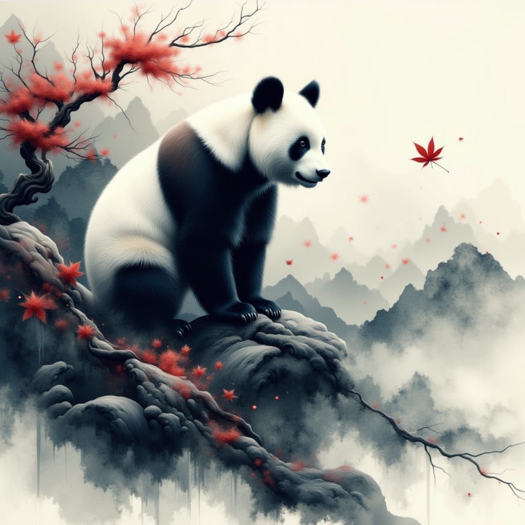 <lora:Fernoestliches Flair:1.0> calligraphy Panda mountains