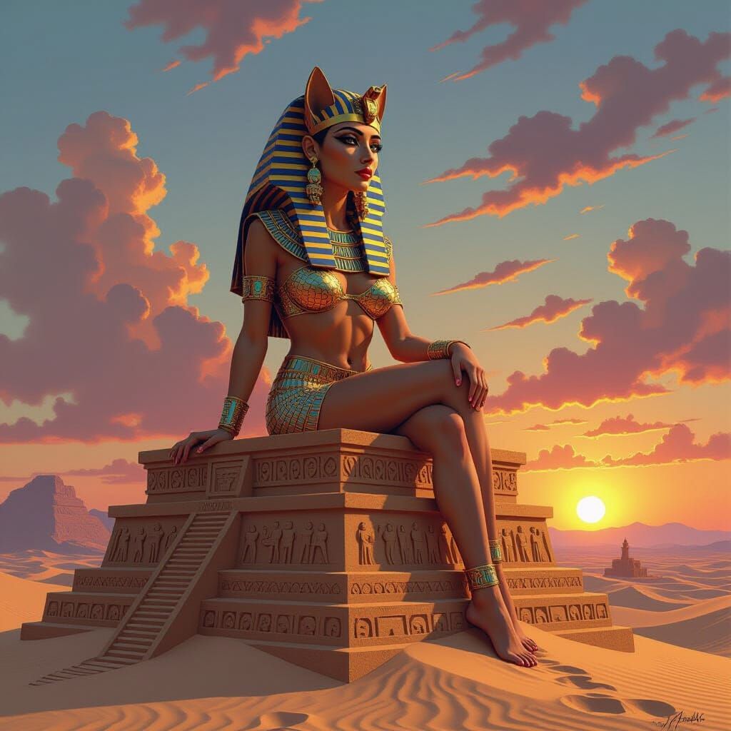 Regal Sphinx on Ziggurat in Art Deco Style