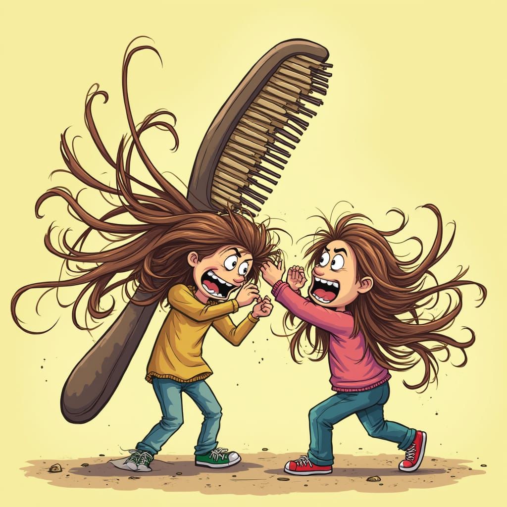 Giant Hairbrush Fights Tangled Hair in Cartoon Tug-of-War