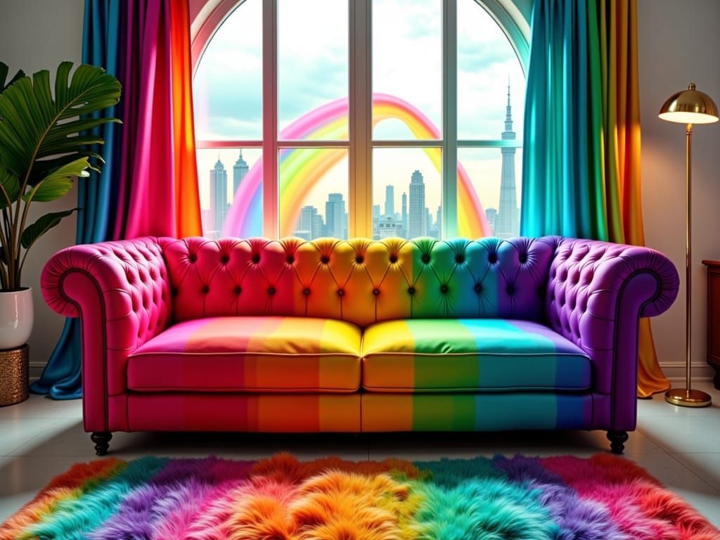 Vibrant Rainbow Living Room with Chesterfield Sofa