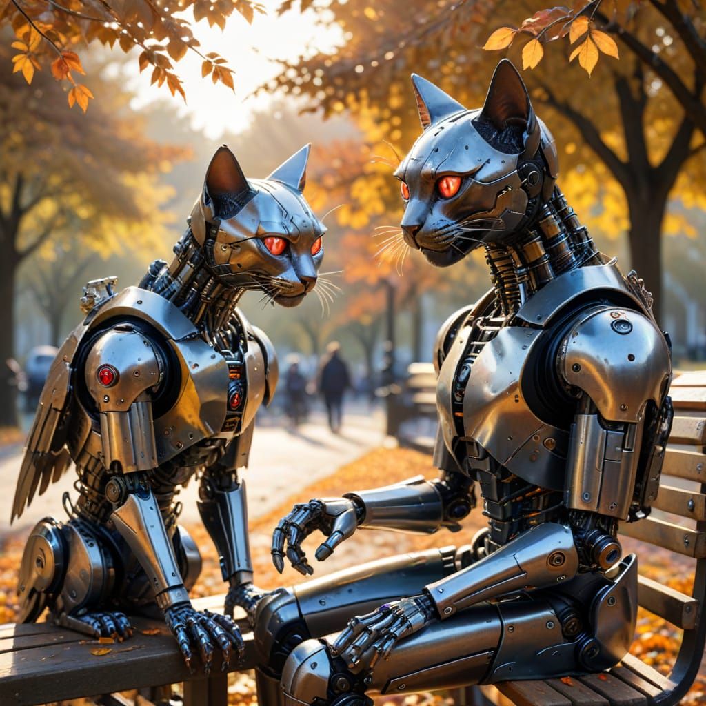Robot and Cybernetic Cat Feed Pigeons on Park Bench