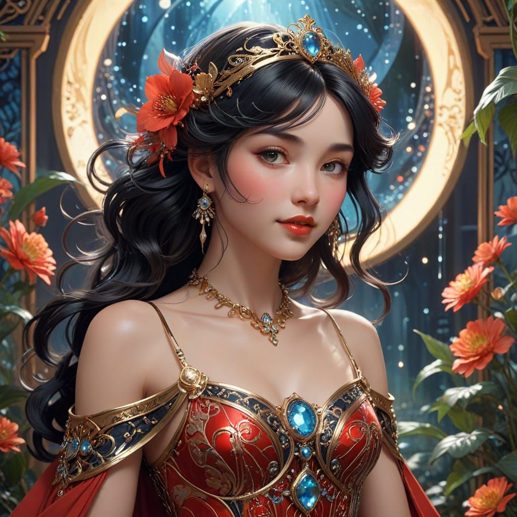 Anime Goddess in Moonlit Garden, Jugendstil Art