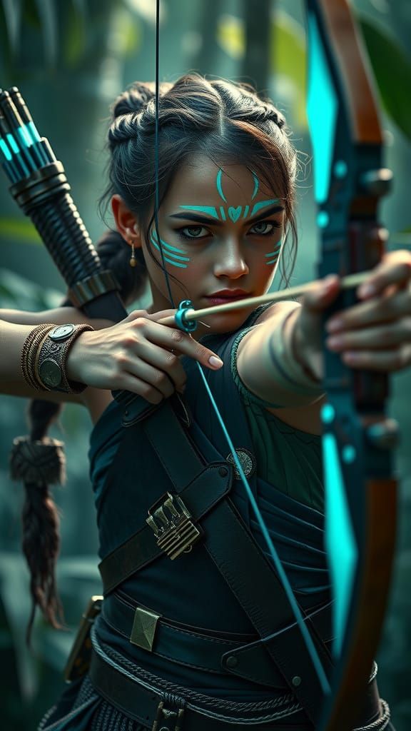 Warrior Aiming Glowing Bow in Mystical Jungle