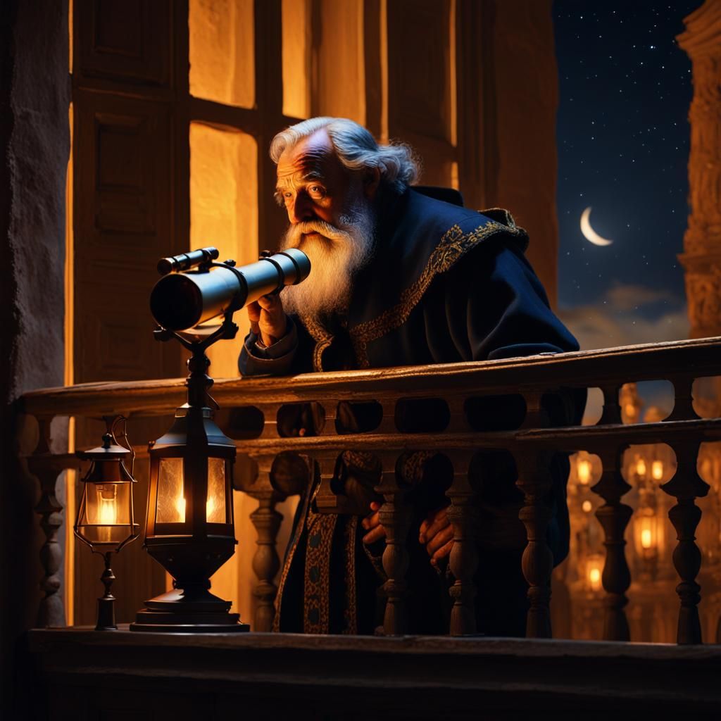 Galileo Observing Stars in Baroque Style
