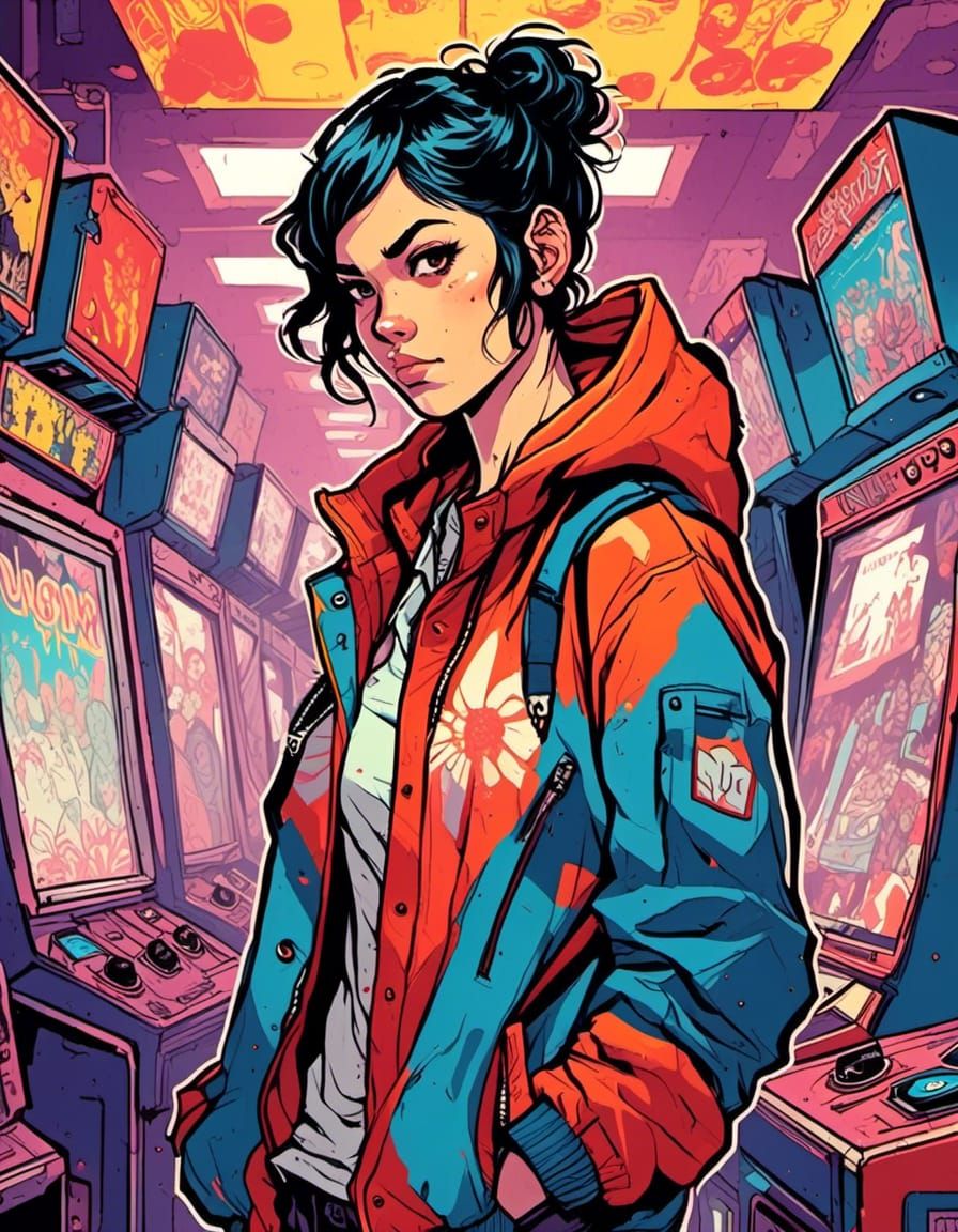 Japanese Person in Arcade, Comic Book Art