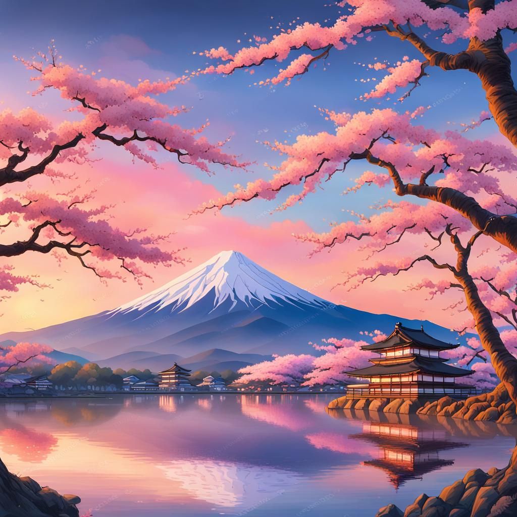 Mount Fuji Cherry Blossom Landscape as Ukiyo-e Print
