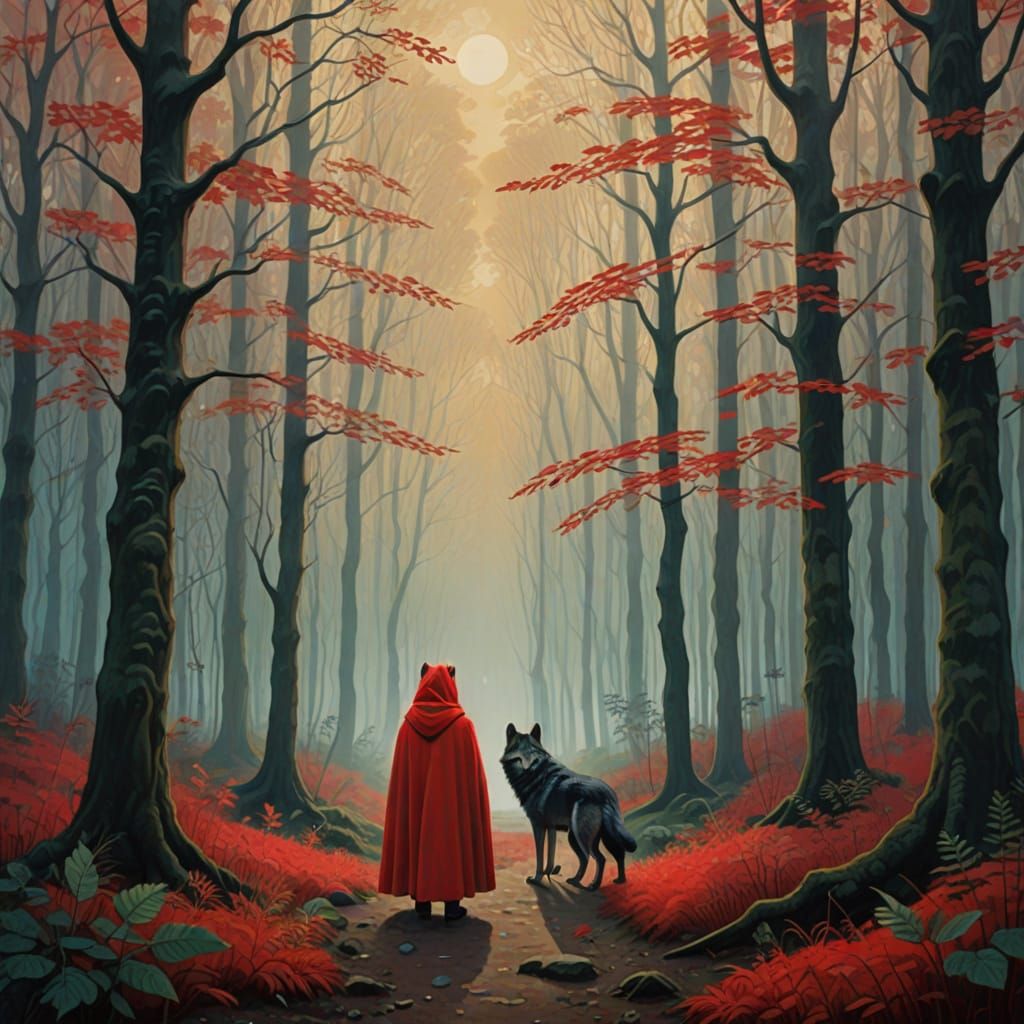 Fantasy Wolf and Mysterious Traveler in Vibrant Fauvist Fore...