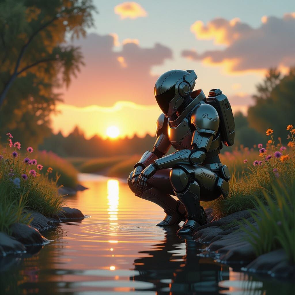 Mecha Warrior at Sunset: Cinematic Realism