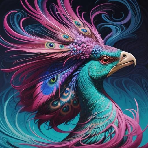 Woman with Peacock Feather Hair: Surreal Abstract Art