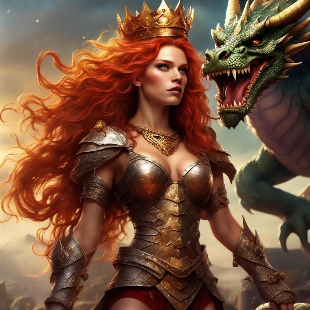 Warrior Queen Socializing With Dragon: Fantasy Art