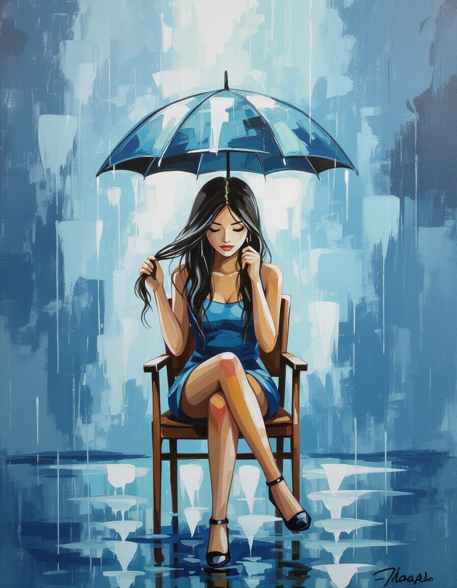 Abstract Girl Brushing Hair in Rain as Oil Painting