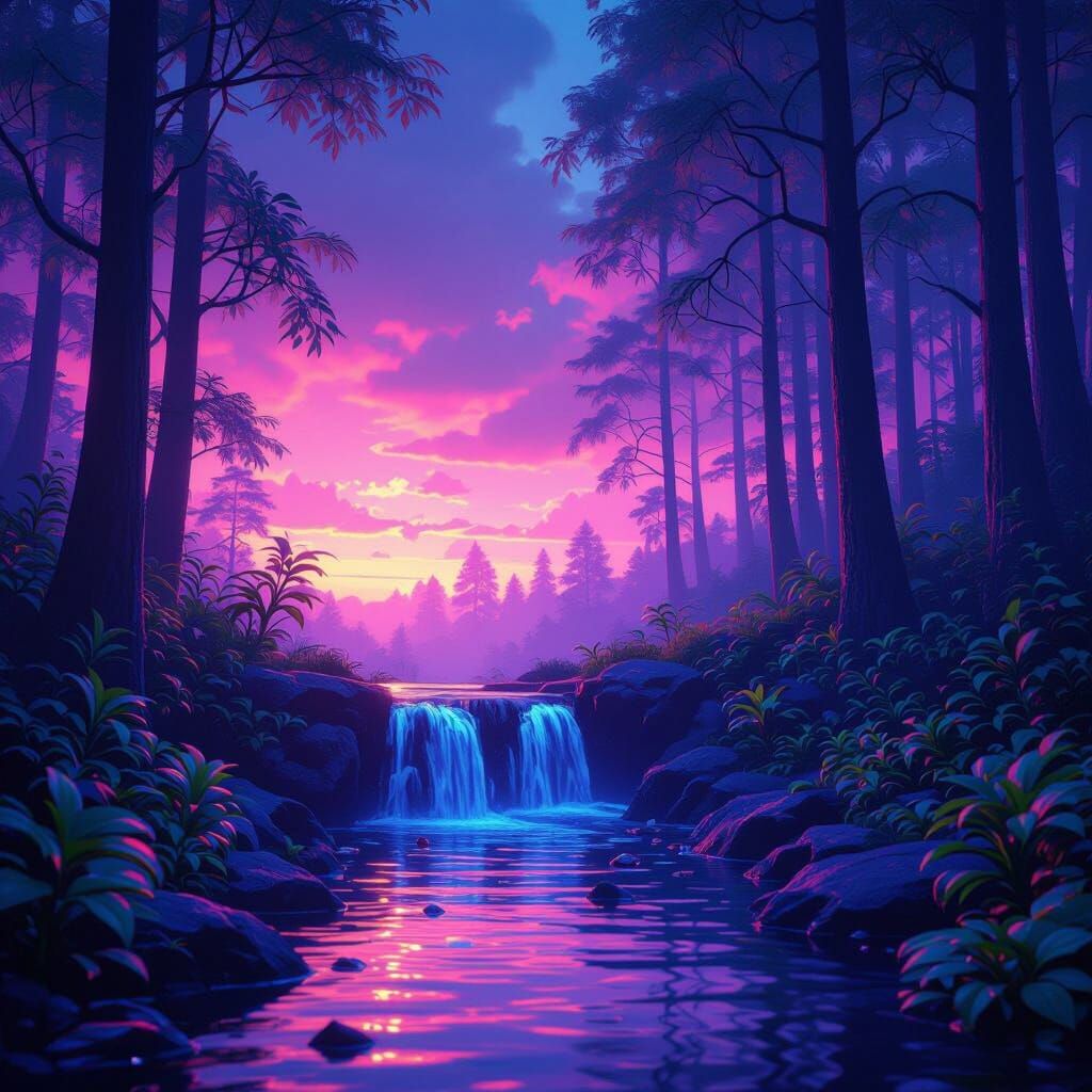 Neon Forest Waterfall at Sunset, Hyperrealistic Concept Art