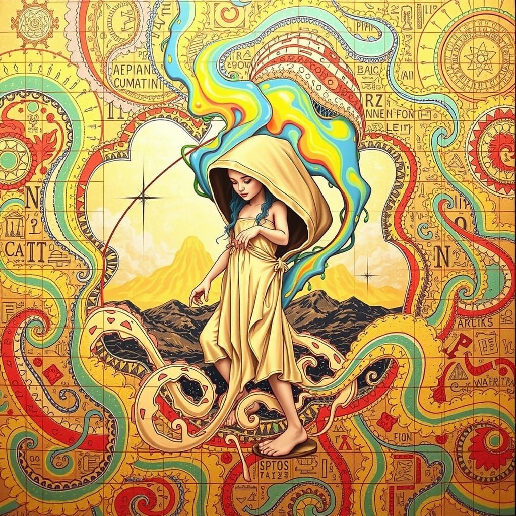 Psychedelic Babylonian Figure Dissolving into Rainbow Curren...