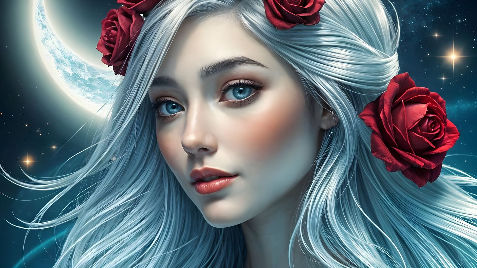 Ethereal Beauty with Crimson Roses in Cosmic Moonlight