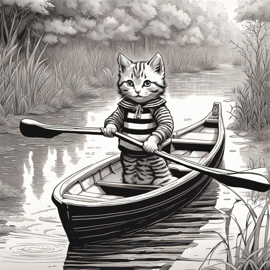 Tabby Kitten in Sailor Suit Rowing Boat, Tenniel Style