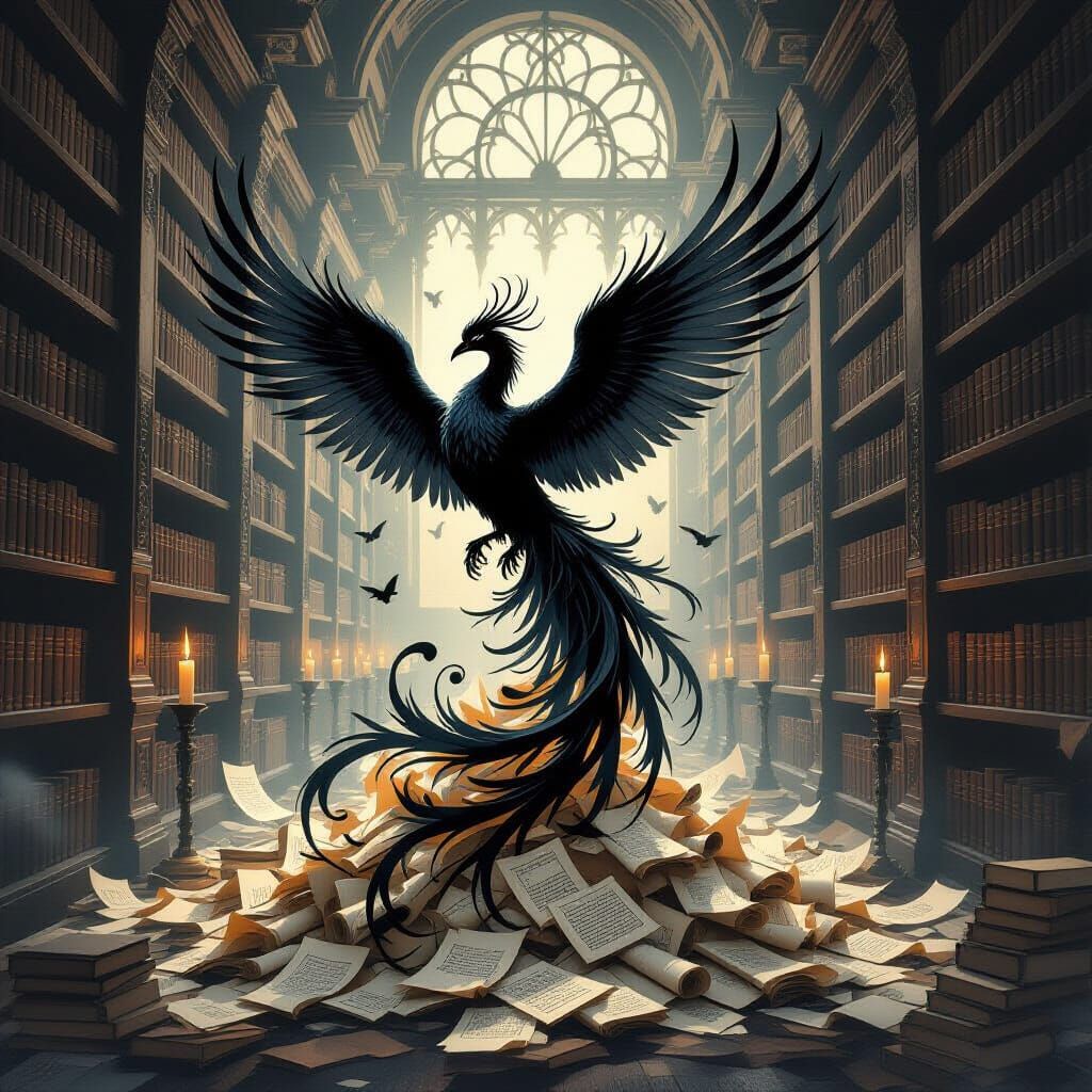 Majestic Ink Phoenix Rises in Dusty Library