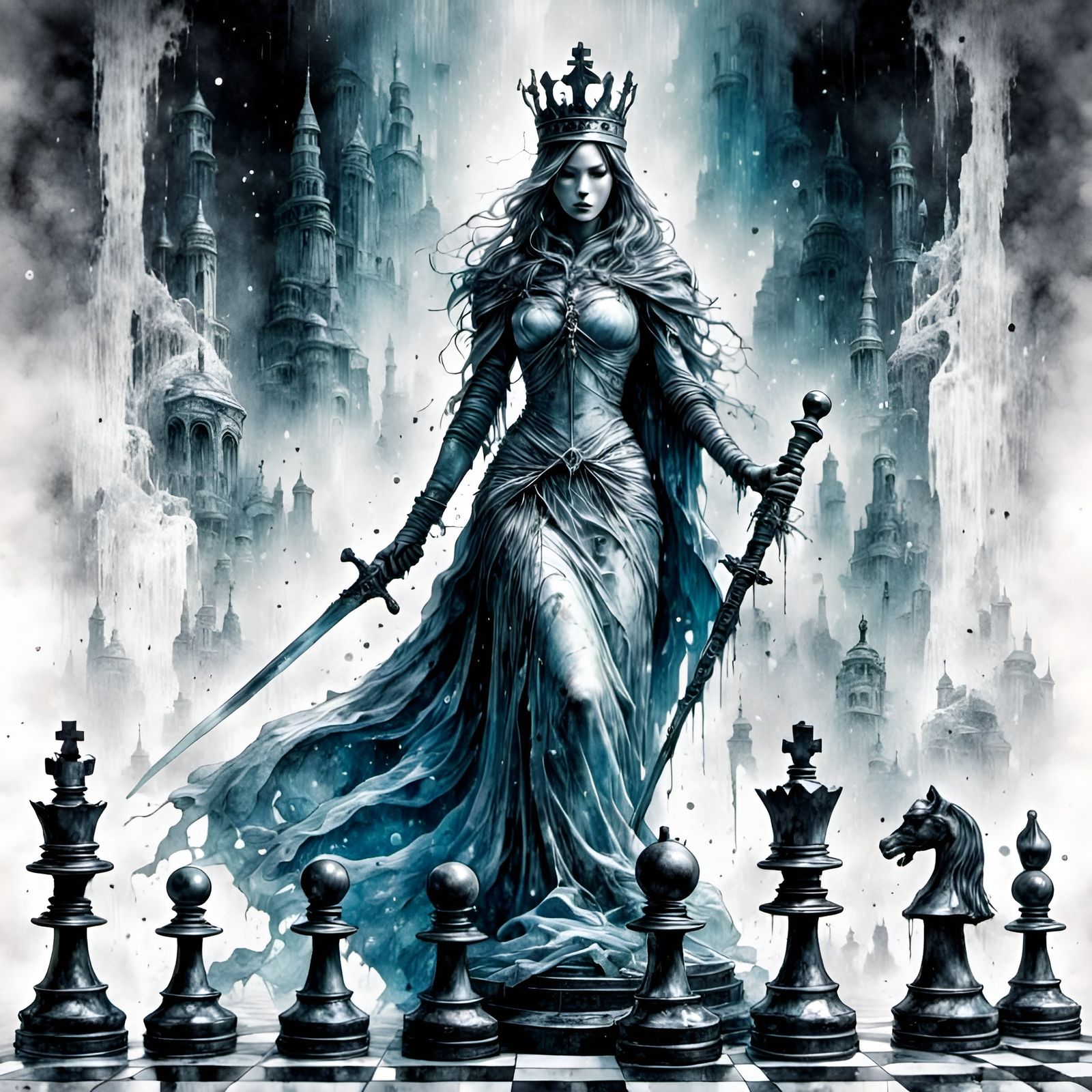 Chess Queen Spirit Arises: Ink and Watercolor Art