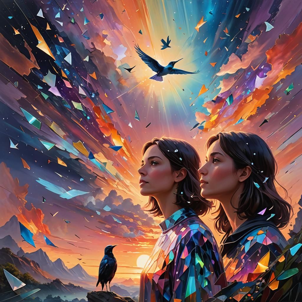 Cosmic Sunset: Bird Protector in Holographic Skies