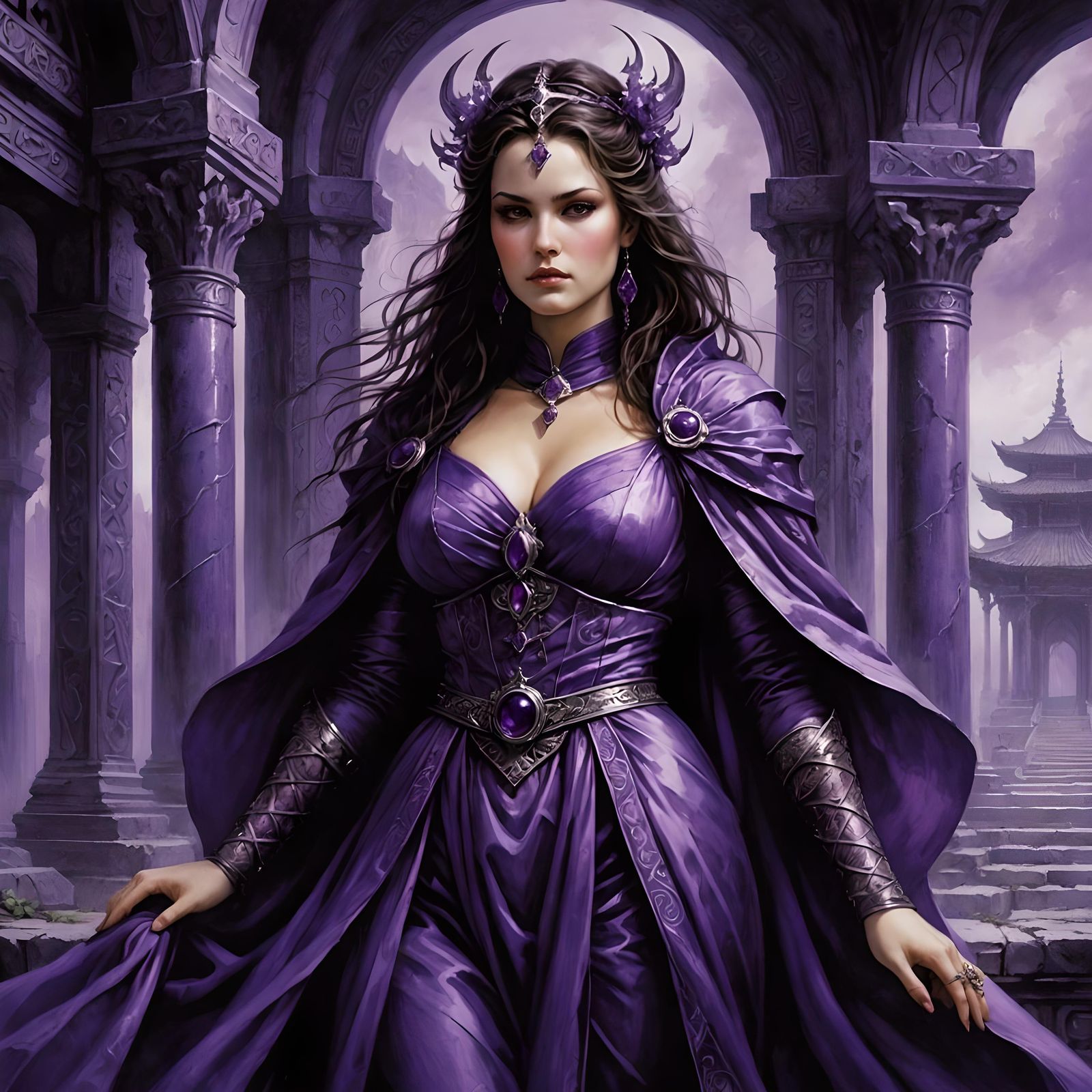 Priestess in Violet Plum Temple: Dark Fantasy Comic Art